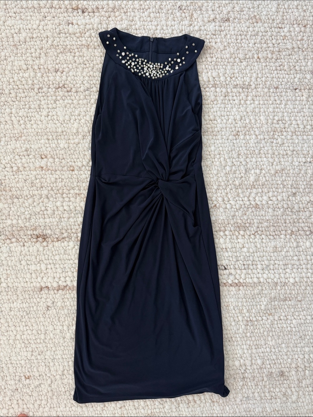 Evan Picone Navy Sleeveless Midi Dress with Embellished Collar